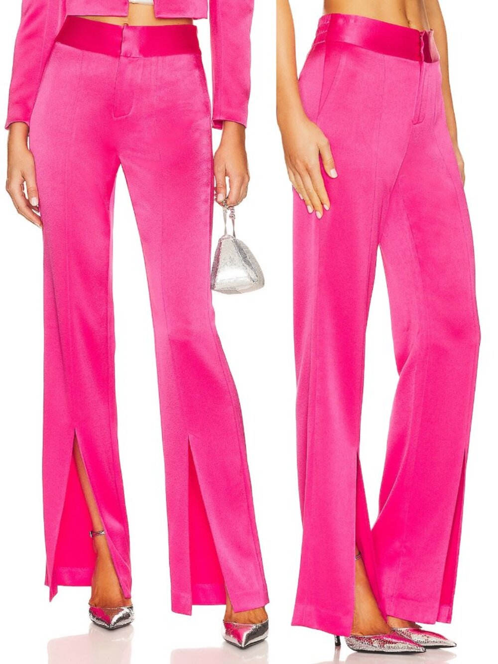 Alice + Olivia Jody High Waist Front Slit Satin Wide Leg Trouser Pants 2 Pink